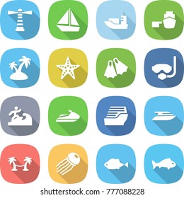 flat vector icon set - lighthouse vector, boat, sea shipping, port, island, starfish, flippers, diving mask, surfer, jet ski, cruise ship, yacht, palm hammock, jellyfish, fish