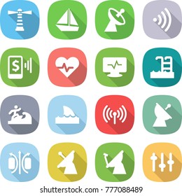flat vector icon set - lighthouse vector, boat, satellite antenna, wireless, mobile pay, heart pulse, monitor, pool, surfer, shark flipper, magnetic field, setup
