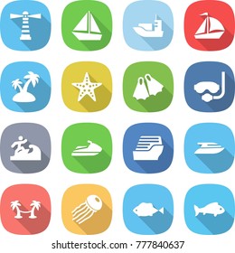flat vector icon set - lighthouse vector, boat, sea shipping, sail, island, starfish, flippers, diving mask, surfer, jet ski, cruise ship, yacht, palm hammock, jellyfish, fish