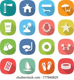 flat vector icon set - lighthouse vector, bungalow, lounger, uv cream, island, hawaiian wreath, starfish, flippers, diving mask, lifebuoy, palm hammock, inflatable mattress, windsurfing, flip flops