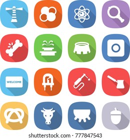 flat vector icon set - lighthouse vector, atom core, magnifier, broken bone, fountain, stadium, ring button, welcome mat, led, welding, turk, pretzel, cow, udder, acorn