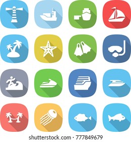 flat vector icon set - lighthouse vector, sea shipping, port, sail boat, island, starfish, flippers, diving mask, surfer, jet ski, cruise ship, yacht, palm hammock, jellyfish, fish