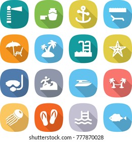 flat vector icon set - lighthouse vector, port, anchor, lounger, island, pool, starfish, diving mask, surfer, yacht, palm hammock, jellyfish, flip flops, fish