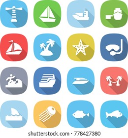 flat vector icon set - lighthouse vector, boat, sea shipping, port, sail, island, starfish, diving mask, surfer, cruise ship, yacht, palm hammock, shark flipper, jellyfish, fish