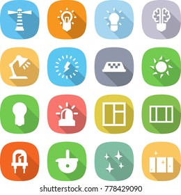 flat vector icon set - lighthouse vector, bulb, brain, table lamp, lightning, taxi, sun, alarm, window, led, ladle, shining, clean