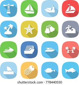 flat vector icon set - lighthouse vector, boat, sea shipping, sail, island, starfish, flippers, surfer, jet ski, cruise ship, yacht, palm hammock, shark flipper, jellyfish, fish