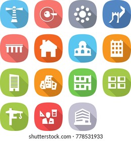 flat vector icon set - lighthouse vector, cell corection, round around, greate wall, bridge, home, mansion, building, skyscraper, modern architecture, modular house, panel, tower crane, architector