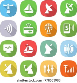 flat vector icon set - lighthouse vector, boat, satellite antenna, wireless, tap to pay, mobile, monitor pulse, sail, magnetic field, setup, signal