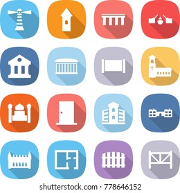 flat vector icon set - lighthouse vector, tower, bridge, drawbridge, library, airport building, fence, church, minaret, door, school, gothic architecture, plan, farm
