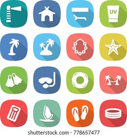 flat vector icon set - lighthouse vector, bungalow, lounger, uv cream, palm, island, hawaiian wreath, starfish, flippers, diving mask, lifebuoy, hammock, inflatable mattress, windsurfing, flip flops