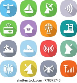 flat vector icon set - lighthouse vector, boat, satellite antenna, wireless, tap to pay, home, pool, surfer, shark flipper, magnetic field, signal