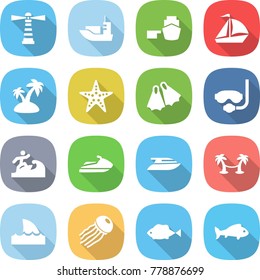 flat vector icon set - lighthouse vector, sea shipping, port, sail boat, island, starfish, flippers, diving mask, surfer, jet ski, yacht, palm hammock, shark flipper, jellyfish, fish