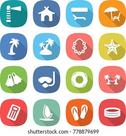 flat vector icon set - lighthouse vector, bungalow, lounger, palm, island, hawaiian wreath, starfish, flippers, diving mask, lifebuoy, hammock, inflatable mattress, windsurfing, flip flops, pool