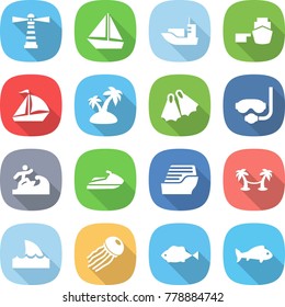 flat vector icon set - lighthouse vector, boat, sea shipping, port, sail, island, flippers, diving mask, surfer, jet ski, cruise ship, palm hammock, shark flipper, jellyfish, fish