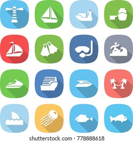 flat vector icon set - lighthouse vector, boat, sea shipping, port, sail, flippers, diving mask, surfer, jet ski, cruise ship, yacht, palm hammock, shark flipper, jellyfish, fish