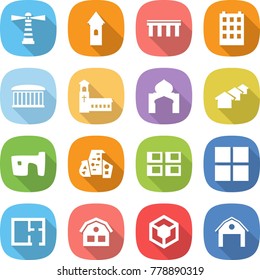 flat vector icon set - lighthouse vector, tower, bridge, building, airport, church, minaret, houses, slum, modern architecture, panel house, window, plan, 3d, barn