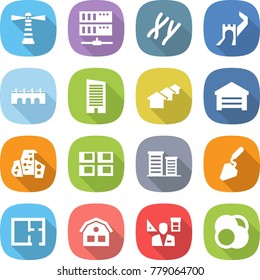 flat vector icon set - lighthouse vector, server, chromosomes, greate wall, bridge, skyscraper, houses, garage, modern architecture, panel house, district, construction, plan, architector, atom core