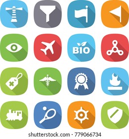 flat vector icon set - lighthouse vector, funnel, flag, eye, plane, bio, spinner, medical label, ambulance sign, medal, flammable, train, tennis, handwheel, shield