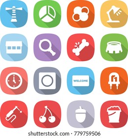 flat vector icon set - lighthouse vector, diagram, atom core, table lamp, market, magnifier, broken bone, stadium, watch, ring button, welcome mat, led, welding, cherry, acorn, foam bucket