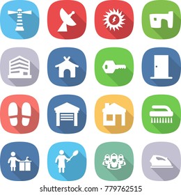 flat vector icon set - lighthouse vector, satellite antenna, sun power, slum, office, bungalow, key, door, slippers, garage, house, brush, kitchen cleaning, woman with duster, outsource, iron