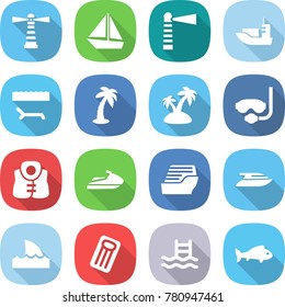 flat vector icon set - lighthouse vector, boat, sea shipping, lounger, palm, island, diving mask, life vest, jet ski, cruise ship, yacht, shark flipper, inflatable mattress, pool, fish