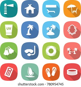 flat vector icon set - lighthouse vector, bungalow, lounger, uv cream, palm, island, hawaiian wreath, flippers, diving mask, lifebuoy, hammock, inflatable mattress, windsurfing, flip flops, pool