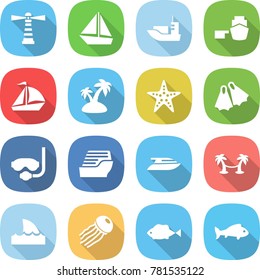 flat vector icon set - lighthouse vector, boat, sea shipping, port, sail, island, starfish, flippers, diving mask, cruise ship, yacht, palm hammock, shark flipper, jellyfish, fish