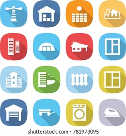 flat vector icon set - lighthouse vector, warehouse, sun power, project, skyscrapers, hangare, house with garage, window, building, hotel, radiator, trailer, washing machine, iron