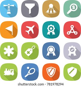 flat vector icon set - lighthouse vector, funnel, share, dollar magnifier, flag, plane, medal, spinner, ambulance star, medical label, train, tennis, shield