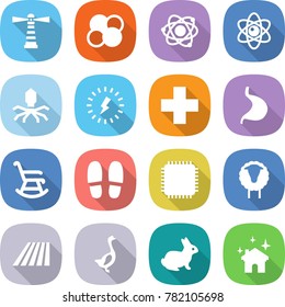 flat vector icon set - lighthouse vector, atom core, virus, lightning, medical cross, stomach, rocking chair, slippers, cpu, sheep, field, goose, rabbit, house cleaning
