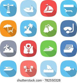 flat vector icon set - lighthouse vector, sea shipping, sail boat, lounger, island, flippers, diving mask, surfer, life vest, jet ski, cruise ship, yacht, palm hammock, shark flipper, fish
