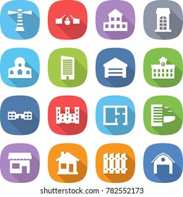 flat vector icon set - lighthouse vector, drawbridge, cottage, building, mansion, skyscraper, garage, university, school, palace, plan, hotel, shop, home, fence, barn