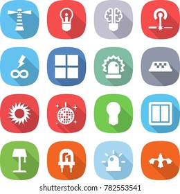 flat vector icon set - lighthouse vector, bulb, brain, laser, infinity power, window, alarm, taxi, sun, disco ball, switch, floor lamp, led, siren, hard reach place cleaning