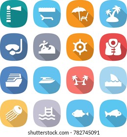 flat vector icon set - lighthouse vector, lounger, island, diving mask, surfer, handwheel, life vest, cruise ship, yacht, palm hammock, shark flipper, jellyfish, pool, fish