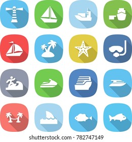 flat vector icon set - lighthouse vector, boat, sea shipping, port, sail, island, starfish, diving mask, surfer, jet ski, cruise ship, yacht, palm hammock, shark flipper, fish