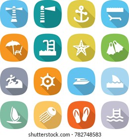 flat vector icon set - lighthouse vector, anchor, lounger, pool, starfish, flippers, surfer, handwheel, yacht, shark flipper, windsurfing, jellyfish, flip flops