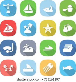 flat vector icon set - lighthouse vector, boat, sea shipping, port, sail, island, starfish, flippers, diving mask, surfer, jet ski, cruise ship, palm hammock, shark flipper, jellyfish, fish
