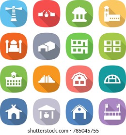 flat vector icon set - lighthouse vector, drawbridge, goverment house, church, minaret, warehouse, modular, panel, university, pyramid, greenhouse, bungalow, barn, skysrcapers cleaning