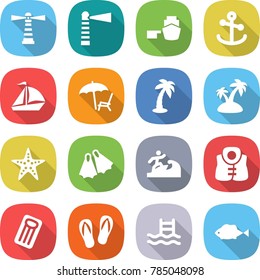 flat vector icon set - lighthouse vector, port, anchor, sail boat, lounger, palm, island, starfish, flippers, surfer, life vest, inflatable mattress, flip flops, pool, fish