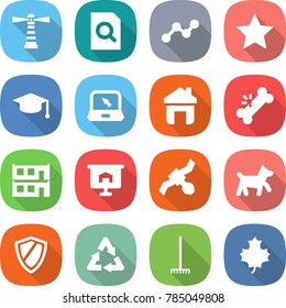 flat vector icon set - lighthouse vector, search document, graph, star, graduate hat, notebook, home, broken bone, modular house, presentation, satellite, dog, shield, recycle, rake, maple leaf