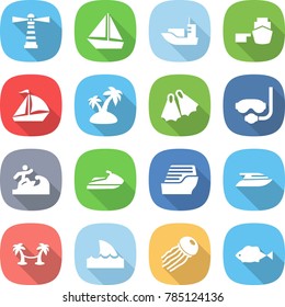 flat vector icon set - lighthouse vector, boat, sea shipping, port, sail, island, flippers, diving mask, surfer, jet ski, cruise ship, yacht, palm hammock, shark flipper, jellyfish, fish