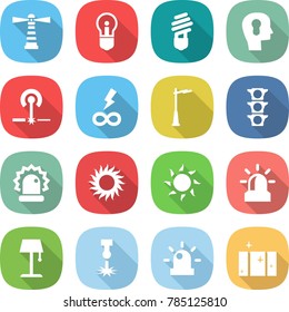flat vector icon set - lighthouse vector, bulb, head, laser, infinity power, outdoor light, traffic, alarm, sun, floor lamp, siren, clean window