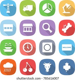 flat vector icon set - lighthouse vector, truck, diagram, table lamp, market, magnifier, broken bone, fountain, watch, ring button, welcome mat, rain cloud, cherry, cow, maple leaf