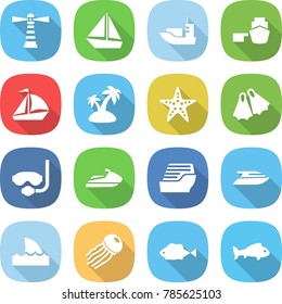 flat vector icon set - lighthouse vector, boat, sea shipping, port, sail, island, starfish, flippers, diving mask, jet ski, cruise ship, yacht, shark flipper, jellyfish, fish