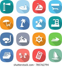 flat vector icon set - lighthouse vector, sea shipping, sail boat, lounger, palm, island, pool, diving mask, surfer, handwheel, jet ski, cruise ship, hammock, inflatable mattress, windsurfing