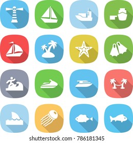 flat vector icon set - lighthouse vector, boat, sea shipping, port, sail, island, starfish, flippers, surfer, jet ski, yacht, palm hammock, shark flipper, jellyfish, fish