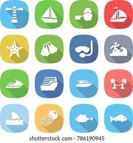 flat vector icon set - lighthouse vector, boat, port, sail, starfish, flippers, diving mask, surfer, jet ski, cruise ship, yacht, palm hammock, shark flipper, jellyfish, fish