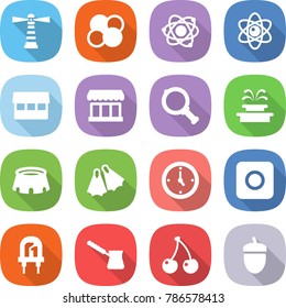 flat vector icon set - lighthouse vector, atom core, market, magnifier, fountain, stadium, flippers, watch, ring button, led, turk, cherry, acorn