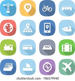 flat vector icon set - lighthouse vector, dollar pin, bike, bridge, globe, map, mobile location, sea shipping, train, bus, taxi, suitcase, cruise ship, shark flipper, compass, plane