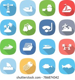 flat vector icon set - lighthouse vector, sea shipping, port, sail boat, island, flippers, diving mask, surfer, jet ski, cruise ship, yacht, palm hammock, shark flipper, jellyfish, fish